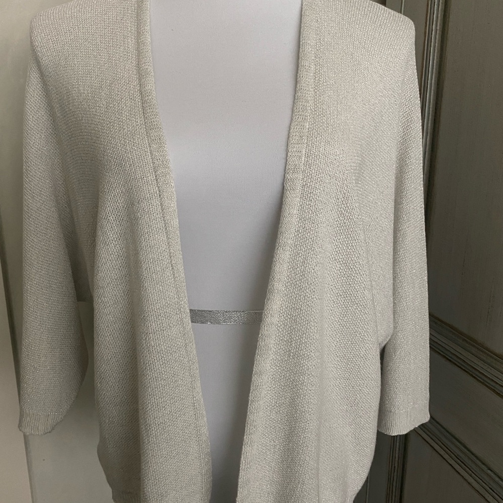 SuzyD London Summer Cardigan pale greyish white with silver metallic thread. O/S